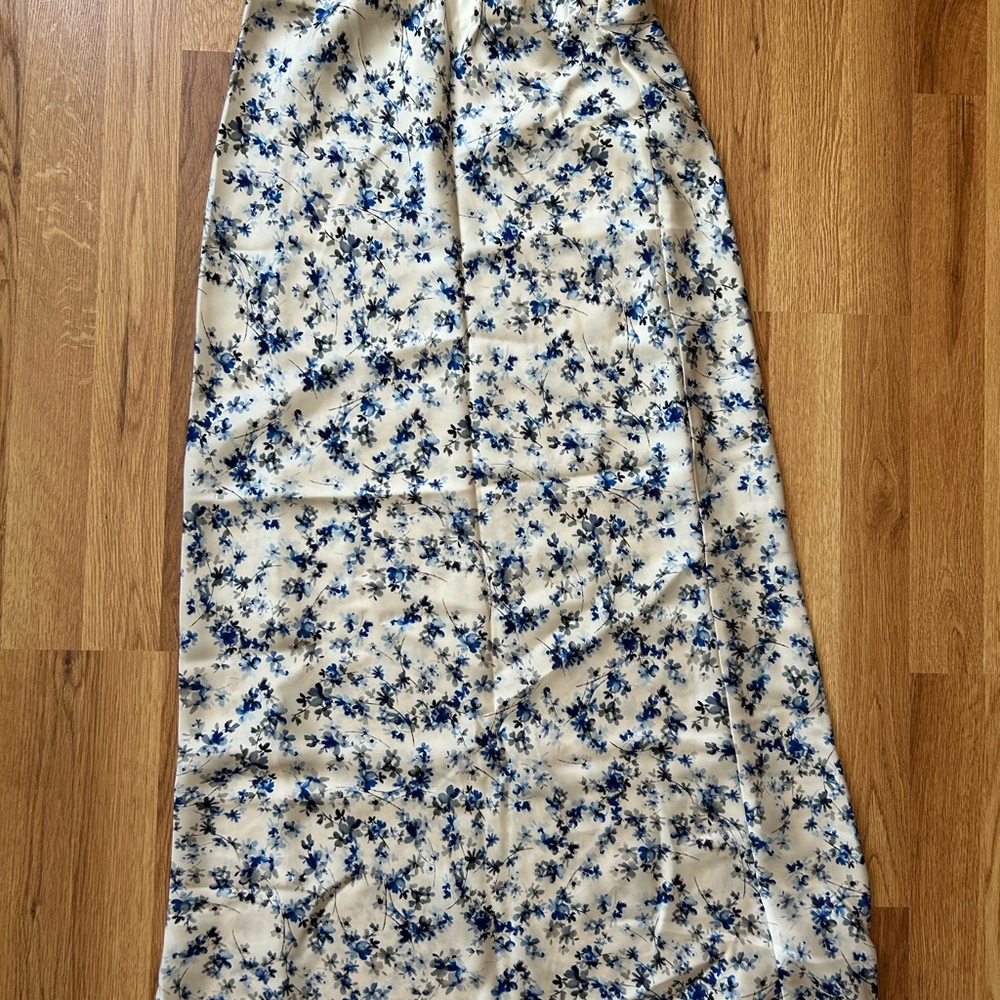 Zara Cream Maxi Slip Skirt with Blue Floral Print